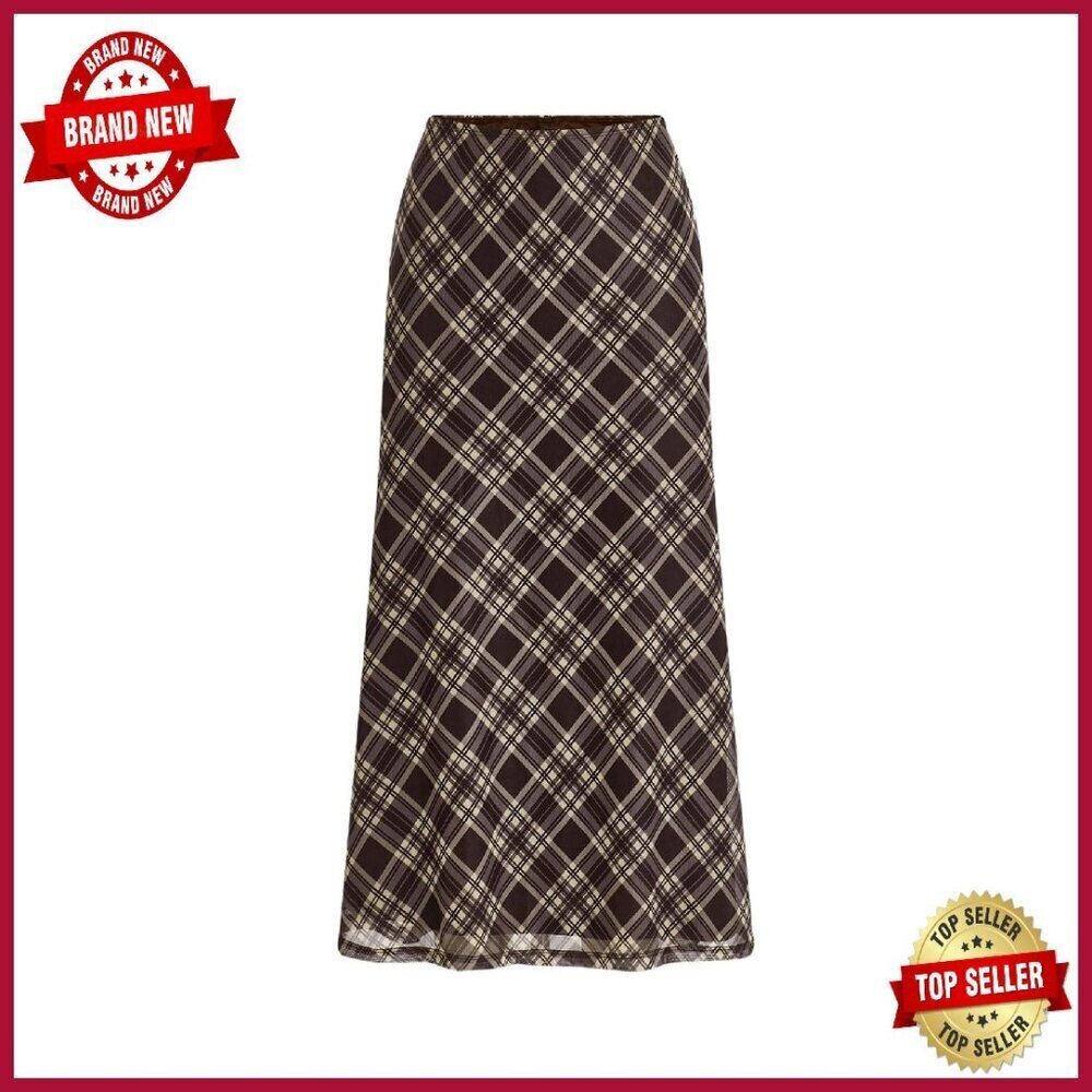 High Waisted Plaid A-Line Mesh Skirt Long Length Non-Stretch